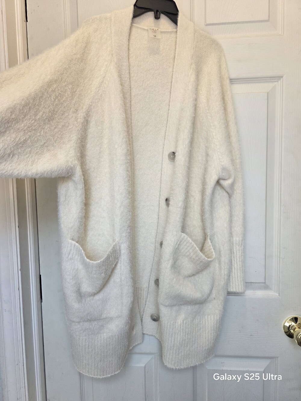 Alia Cream Button-Front Fuzzy Open-Front Cardigan